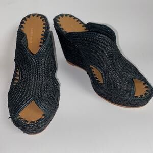 Carrie Forbes Black Lina Woven Straw Sandals Wedge Mules Women's Size 38 US 8